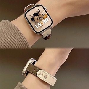 适用iwatch表带苹果手表s9带高级拼色皮质双钉扣applewatch ultra2创意细款可爱女小众时尚运动智能替换腕带