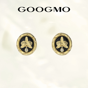 GOOGMO西西里娅系列镀18K金蝴蝶兰时尚复古耳钉高级感黑玛瑙耳饰