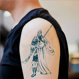 纹身贴仿真防水男大图满背关公踏龙割线纹身后背贴关羽后背大图