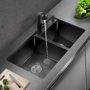 厨房黑色纳米洗菜盆手工水槽双槽家用304不锈钢洗碗槽大水斗7240