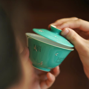沐云言物松石绿幽兰诗文盖碗景德镇复古中式手绘茶器陶瓷冲泡茶碗