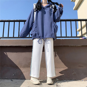 高中女学生春阔腿排扣裤直筒宽松休闲裤 连帽长袖卫衣女日系套装