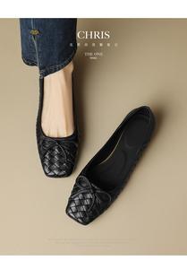 百丽清仓羊皮时尚欧洲站真皮软底纯色黑色舒适单鞋低跟方头女瓢鞋