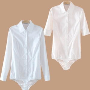 连体衬衫女连裆新款长袖工装弹力白色短袖时尚修身中袖职业装高腰