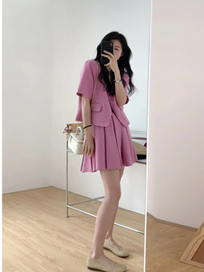韩版复古粉色小香风外套高腰百褶裙套装2024夏季小个子短裙两件套