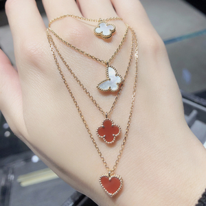 专柜正品 vca/梵克雅宝 18k玫瑰金 红玉髓小号四叶草 项链 锁骨链