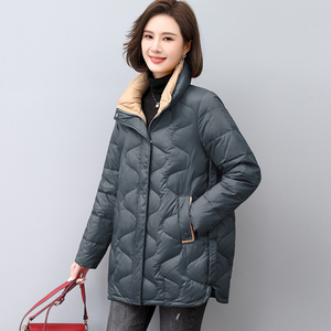妈妈薄款羽绒服女中长款冬季新款大码立领无帽休闲老年人冬季外套