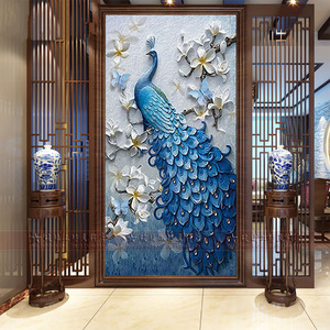 定制屏风艺术玻璃客厅玄关隔断墙浮雕深雕装饰玻璃磨砂孔雀图