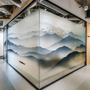 新中式中国风山水画办公室装饰墙贴纸透光不透明定制磨砂玻璃贴膜