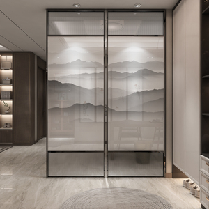 新中式长虹玻璃屏风隔断客厅餐厅轻奢现代定制入户玄关带灯背景墙