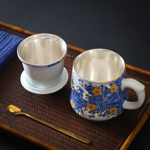 999纯银茶杯带盖过滤办公杯鎏银杯子陶瓷茶水分离喝茶水杯礼盒装