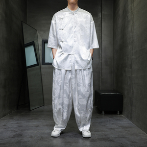 龙年新中式唐装短袖衬衫套装中国风男装功夫太极禅意居士服两件套