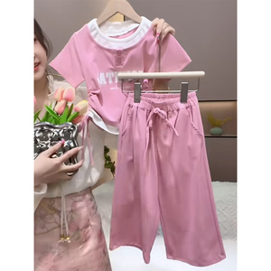女童夏装韩版洋气两件套2024儿童假两件粉白撞色上衣休闲裤套装潮