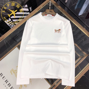 hermes/爱马仕 战马logo刺绣休闲圆领长袖上衣打底杉t恤男女同款