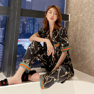 正品麦穗古奇 古驰 酷奇睡衣睡衣女夏短袖长裤冰丝两件套薄款开衫