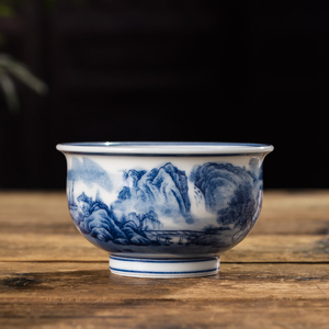 景德镇青花山水主人杯纯手工拉胚手工绘画单杯功夫茶杯品茗杯茶杯
