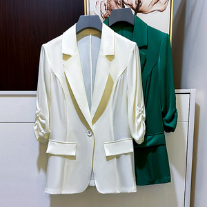 夏季薄款真丝西装外套女修身气质七分袖桑蚕丝上衣显白高端小西服