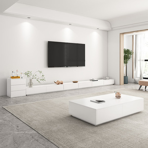 北欧电视柜茶几组合现代简约客厅轻奢实木地台柜白色极简落地墙柜