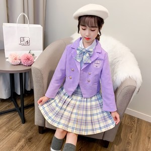 巴拉巴拉女童秋装紫色西装外套jk制服三件套裙儿童女孩秋季学院风