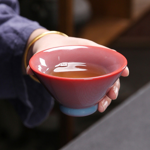 红炉点雪陶瓷主人杯单杯品茗杯日式斗笠杯高脚杯烟粉釉色高档茶盏