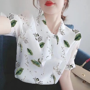 雪纺衫女2024夏季新款韩版宽松蝴蝶结短袖上衣超仙法式洋气小衫潮