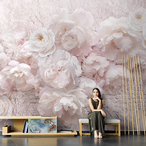3D立体粉色花朵背景墙布美容院美甲店壁纸玫瑰花卧室床头客厅壁布
