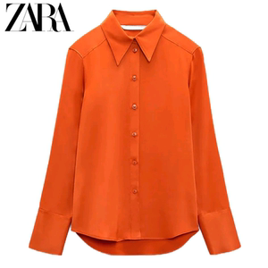 zara 橙色衬衣女时尚百搭修身长袖丝缎质感衬衫04437048615