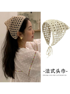 韩国ins2024新款头巾女法式复古三角巾包头帽夏针织海边拍照时尚