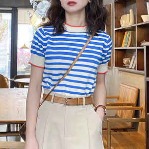 夏林希同款条纹冰丝针织衫 2021年新款夏短袖女薄款海军风上衣t恤