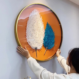 圆形餐厅装饰画轻奢手工立体羽毛实物玄关过道背景墙客厅墙面挂画