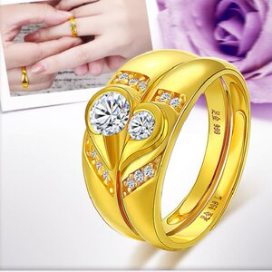 纯金情侣对戒9999足金男女款戒指一对黄金开口心形定情爱心婚戒