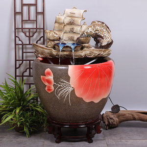 czy476淘宝景德镇青花手绘写意陶瓷器大金鱼缸水浅乌龟缸睡莲水仙