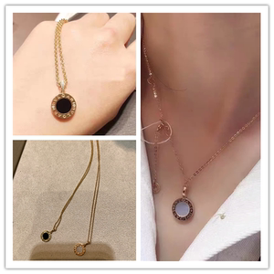 bvlgari/宝格丽项链 双面圆形18k玫瑰金黑玛瑙满钻圆环罗马项链女