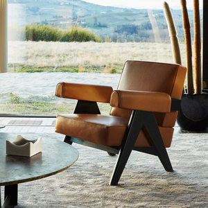 北欧实木休闲椅现代客厅简约真皮沙发椅侘寂风设计师洽谈椅久坐