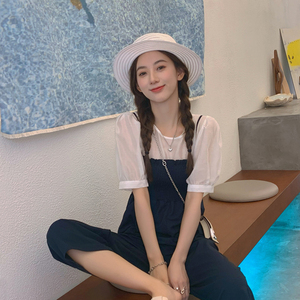薄纱泡泡袖上衣女夏季韩版少女感薄款短袖t恤透视网纱内搭打底衫