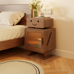 实木床头柜高柜卧室带灯置物柜客厅创意边柜机器人儿童床边柜