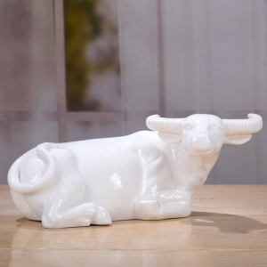 缘德丰 陶瓷水牛摆件公牛招财工艺品家居装饰品白色卧牛风水摆设