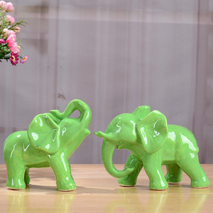 缘德丰 绿色陶瓷大象摆件一对吸水招财风水吉祥象家居玄关装饰品