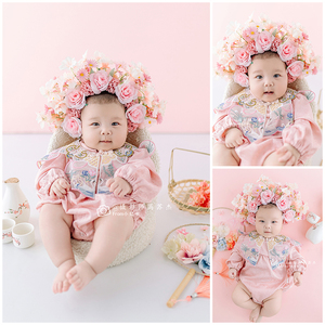 宝宝百天拍照服装道具粉色簪花主题婴儿拍照衣服百天照影楼写真照