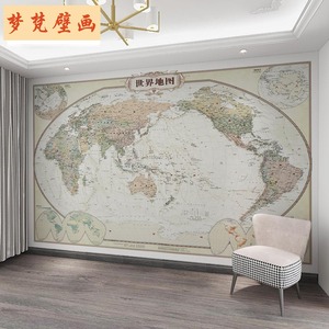 3d复古世界地图墙纸壁画客厅卧室书房办公室背景墙壁纸自粘墙布