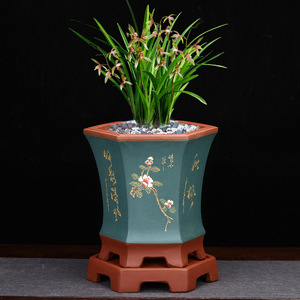 紫砂兰花盆点彩六方君子兰绿萝蕙春建兰客厅盆景园艺花卉绿植批发