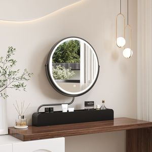 LED化妆镜轻奢金属框桌面旋转大镜子智能可拉伸台式实木梳妆台镜
