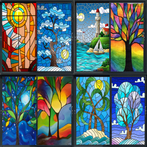 蒂凡尼复古教堂彩绘静电磨砂艺术玻璃贴膜防水卫生间窗户移门贴纸