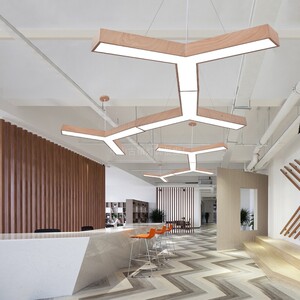 led木纹色y形拼接灯现代简约人字造型吊灯公司前台艺术灯具教室灯