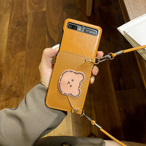 棕色小熊卡包折叠屏适用于三星Galaxy Z Flip3手机壳卡通Flip潮牌皮套SM-F7110斜挎挂绳女款F7070全包限量版