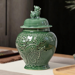 精品高档哥窑浮雕龙茶叶罐陶瓷密封罐创意红绿茶储蓄罐子大号空盒