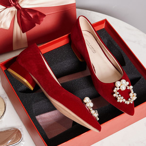 圣大保罗红色婚鞋女新娘鞋秀禾结婚鞋单鞋新款尖头浅口时尚女鞋子