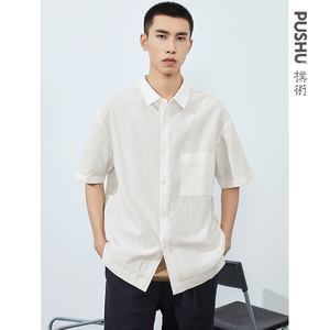 朴术男装简约文艺短袖上衣2022年春季新品宽松休闲白色亚麻衬衫