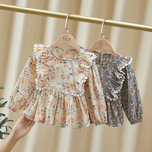 女童娃娃衫长袖2022新款小童春秋薄款花边百搭上衣女宝宝碎花衬衫