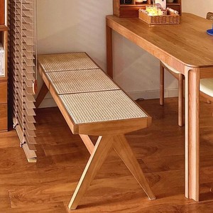日式中复古实木藤编餐椅桌家用昌迪加尔双人长条凳板子原木风家具